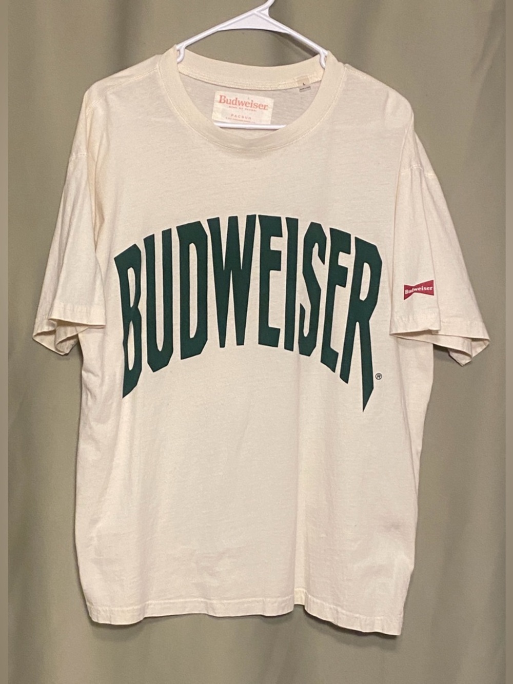 Pacsun Budweiser logo Oversized Graphic Short Sleeve Top Cream/Green size L